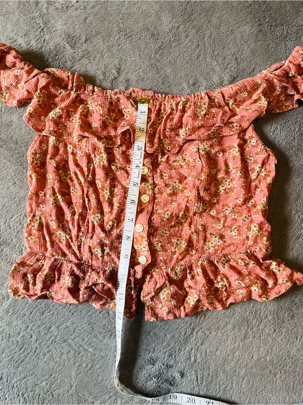 Floral Off-Shoulder Ruffle Button-Crop Top - Dusky Rose Pink - Picture 5 of 5